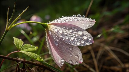 A single pink flower petal with glistening water droplets, a testament to the delicate beauty of nature after a refreshing rain shower.