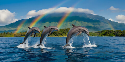 dolphins jumping out of the sea in beautiful island, created by Generative AI © Feel Surreal