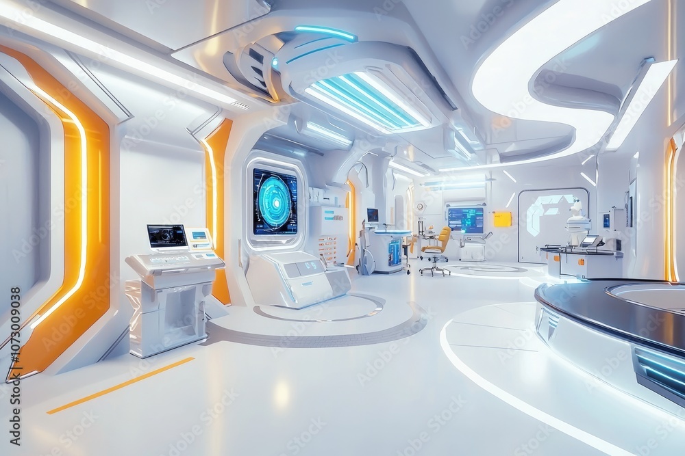 Poster a futuristic science lab with advanced technology and digital displays.