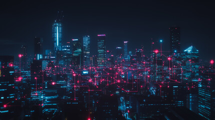 Fototapeta premium Smart digital Innovation city Business skyscrapers in the Financial District with connection network reciprocity over the cityscape. of future smart wireless digital city and social media networking