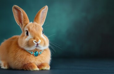 Obraz premium A cozy rabbit adorned with a delicate necklace rests gracefully against a dark, calming backdrop
