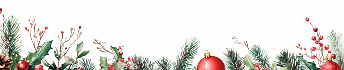 Naklejka premium Christmas Banner Advertisement Watercolor Illustrations Red Ornament,Pine Cone,Snow Greenery Festive Holiday Season Decor Digital,clipart,banner,web,invitation,card,greeting,gift,box,cozy,leaves,party