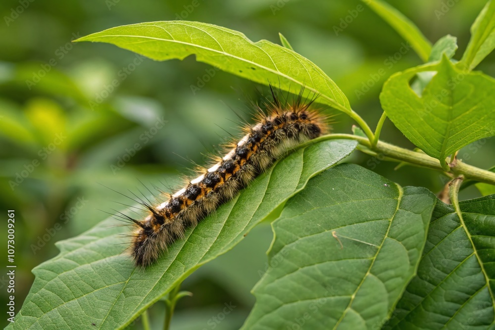 Poster a close-up of a pebble prominent caterpillar on a leaf with high depth of field, showcasing its uniq