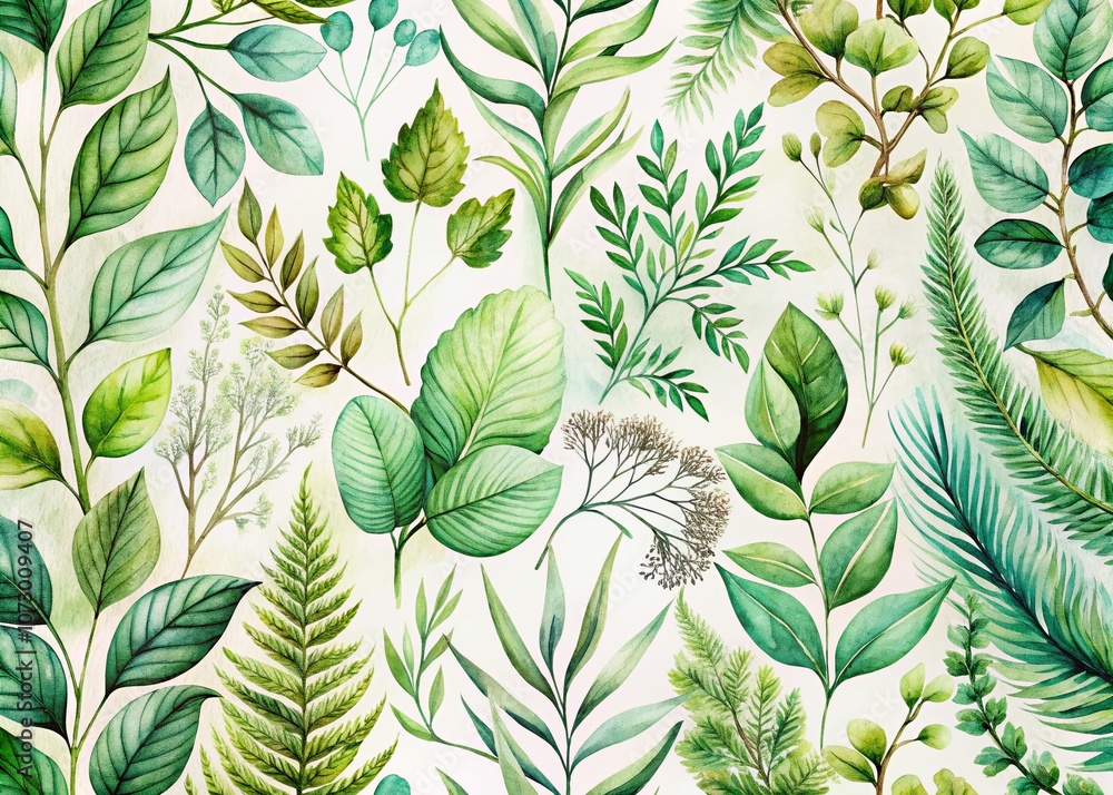 Poster a collection of watercolor botanical elements showcasing delicate greenery, intricate branching patt