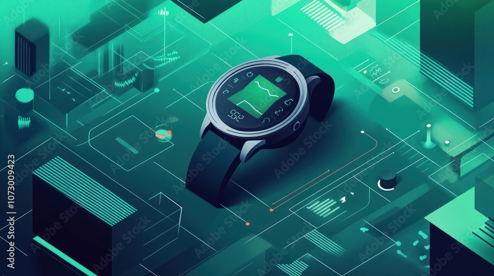 Poster a futuristic smartwatch with a green digital display and a black strap, resting on a circuit board-l