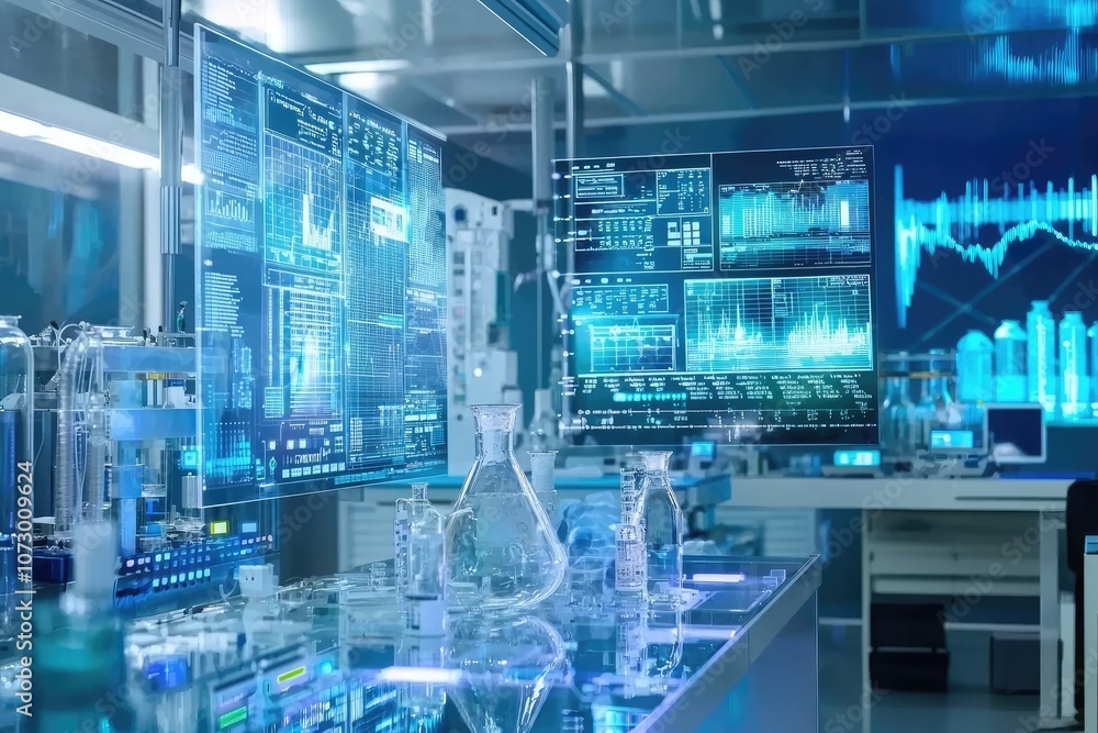 Poster a futuristic science lab with advanced technology and digital displays.