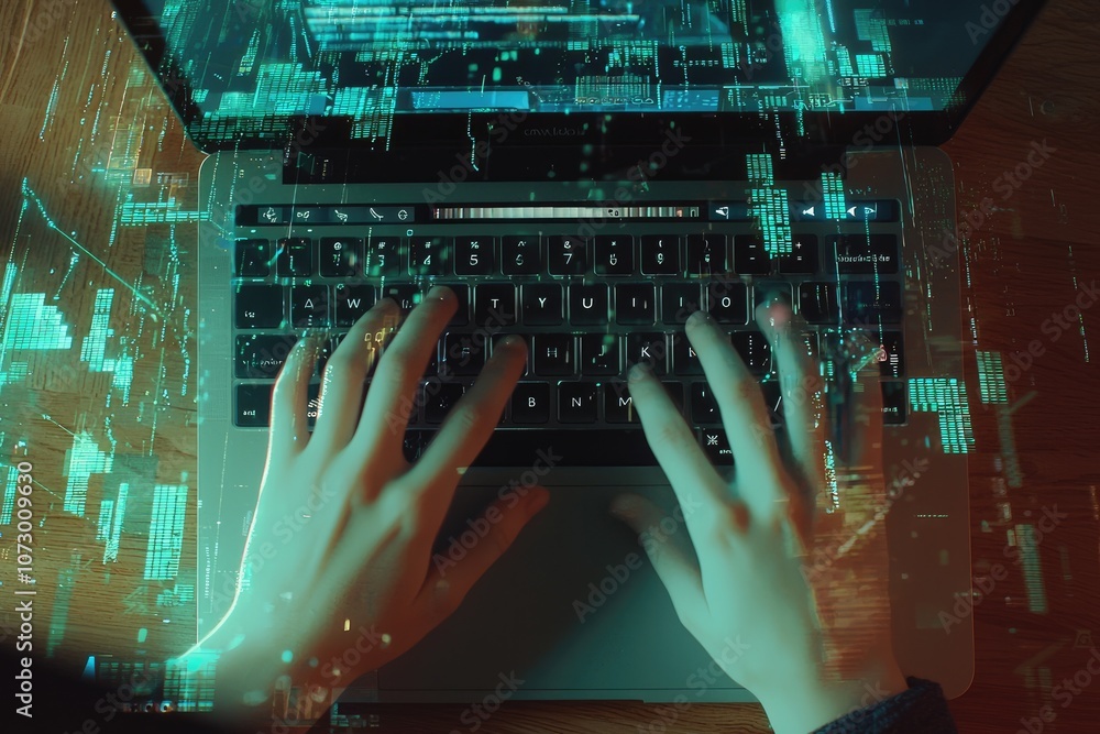 Poster a person typing on a laptop with digital technology patterns surrounding the workspace.