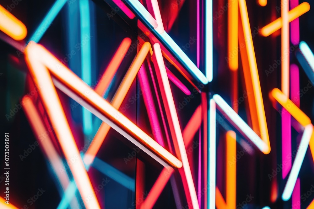 Poster a neon-colored abstract geometric pattern on a dark background.