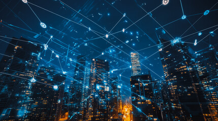 Obraz premium Smart digital Innovation city Business skyscrapers in the Financial District with connection network reciprocity over the cityscape. of future smart wireless digital city and social media networking