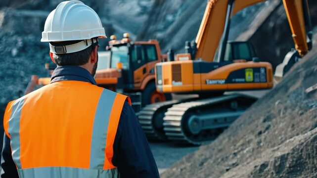 Safety engineer inspecting excavation pit operations.