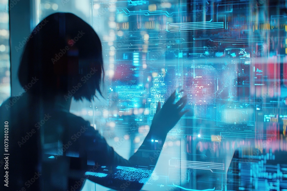 Poster a person interacting with a holographic interface in a futuristic workspace.
