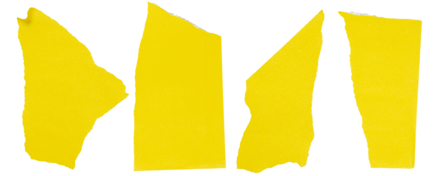  Isolated set of torn yellow pieces of semi-matte paper on white background