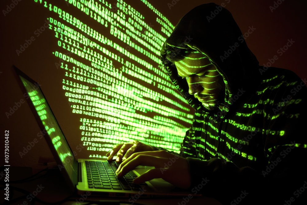 Poster a person in a hoodie typing on a laptop with code flowing across the screen.