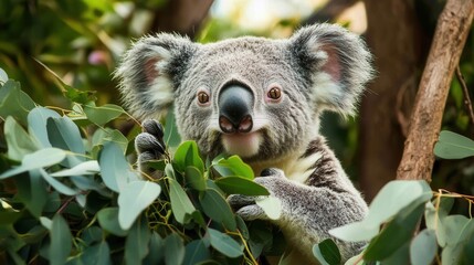 Fototapeta premium A koala munching on fresh eucalyptus leaves in a lush habitat during the day