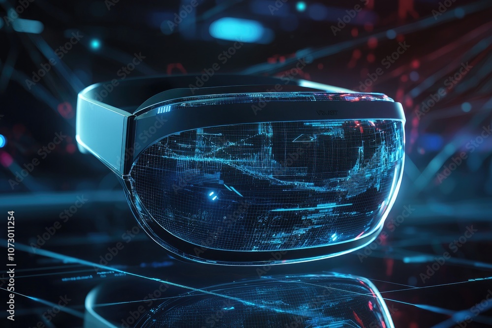 Poster a futuristic virtual reality interface with data streams and holographic displays.