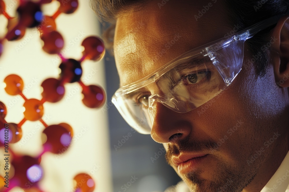 Poster a scientist looking at a computer screen displaying a molecular structure.