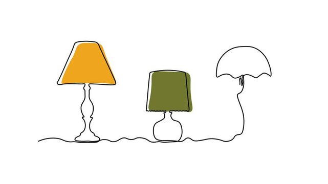 Abstract a set of three table lamps with lampshade. Self drawing animation one continuous line draw, logo