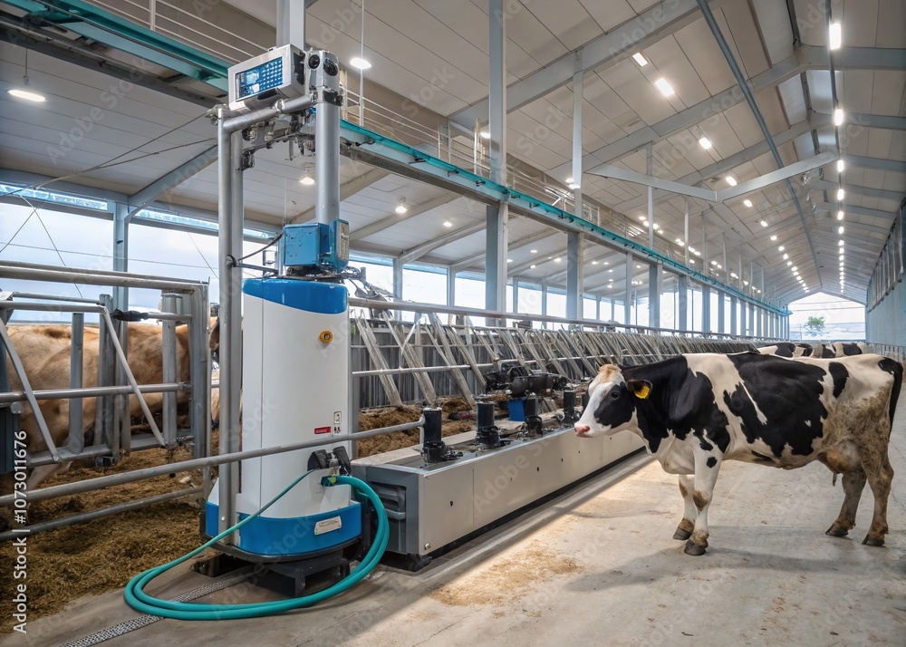 Poster advanced milking technology: a fully automated milking robot in action with dairy cows in a modern b