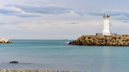 바다, 해변가, 방파제, 등대, 하늘, 테트라포트, 풍경