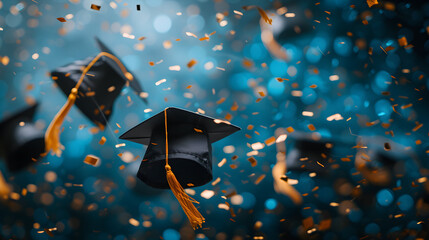 Gradution Cap with Confetti Background, Graduation Day Concept Flying graduation caps on the air with golden confetti for graduates colleges party