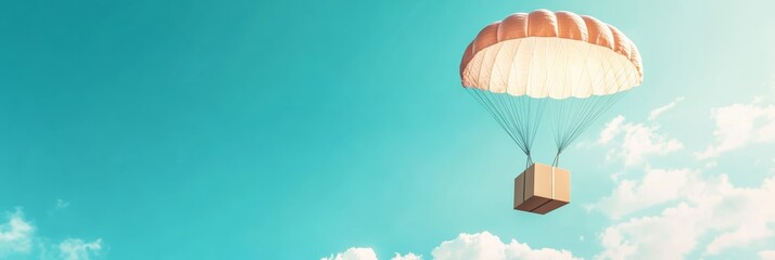 Express delivery concept is illustrated by cardboard box descending with parachute in sunny blue sky, representing fast and safe online shopping experience