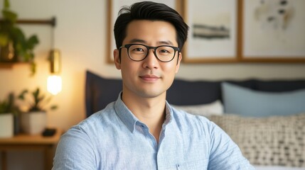 Fototapeta premium Confident Young Man in Casual Attire Relaxing at Home
