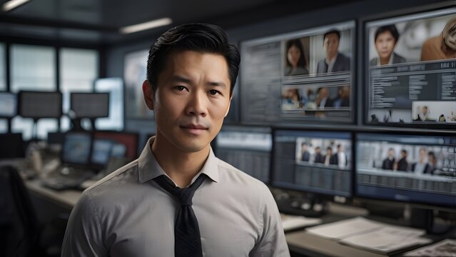 A focused analyst monitors data streams in a high-tech command center bustling with activity during late afternoon hours. Generative AI - Powered by Adobe