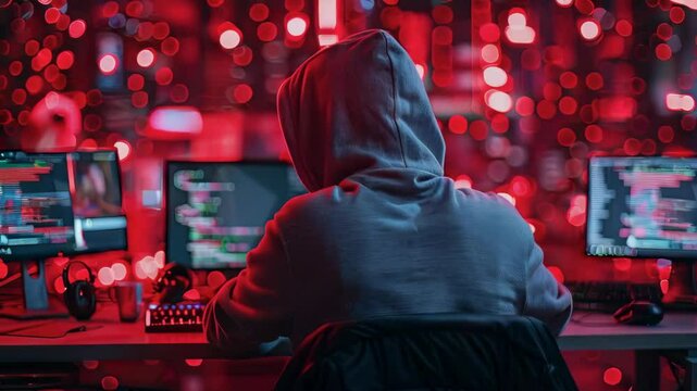 video of hacker attack, anonymous hacker, an enigmatic individual behind a computer screen, conducting cyber activities, cybersecurity concept, dark background