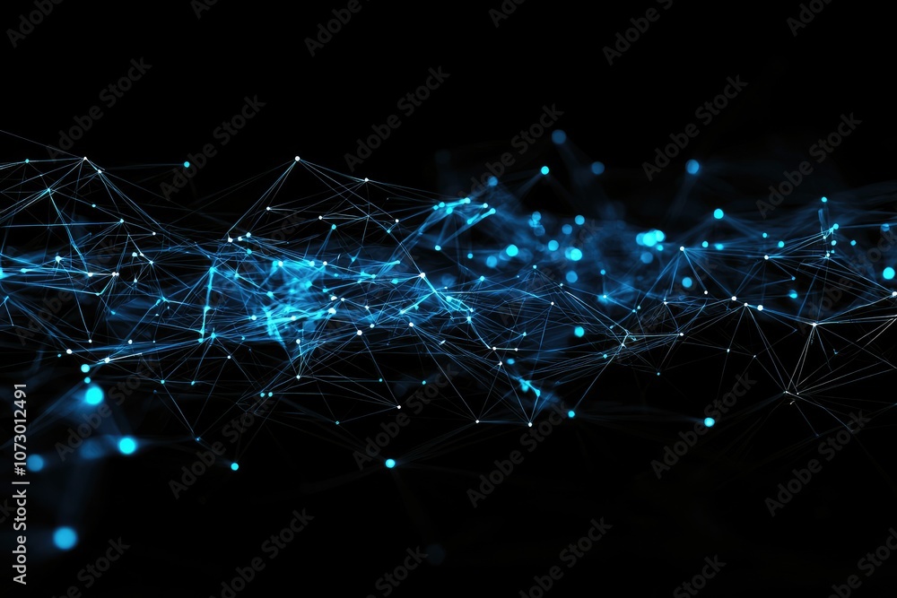 Poster a dark background with glowing blue lines and digital data points moving.