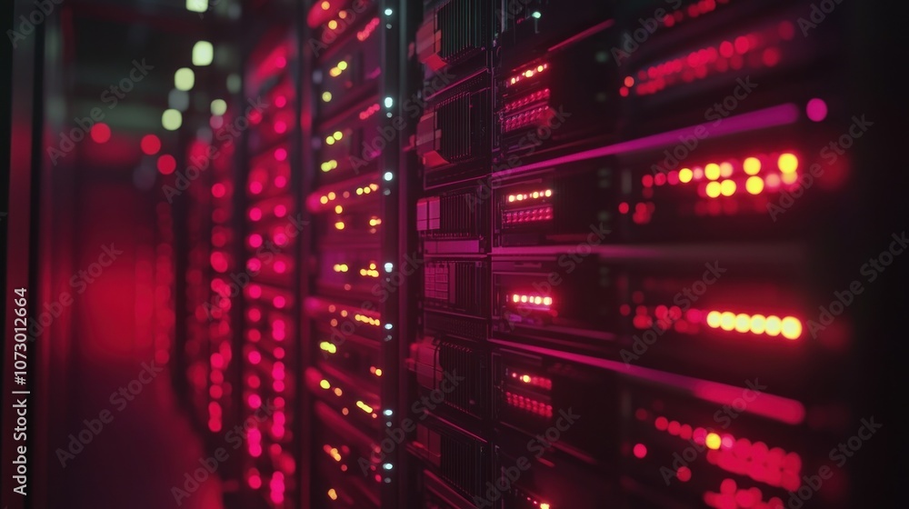 Poster rows of glowing servers in a data center with red lights.