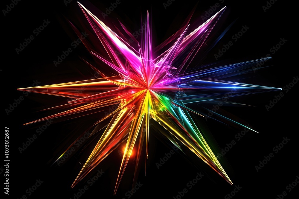 Aufkleber a 3d star-like structure with sharp, angular edges and bright neon colors against a black backdrop.