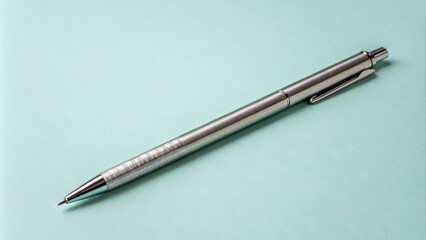 A simple silver pen lies on a light teal background, ready to be used to write down ideas and stories.