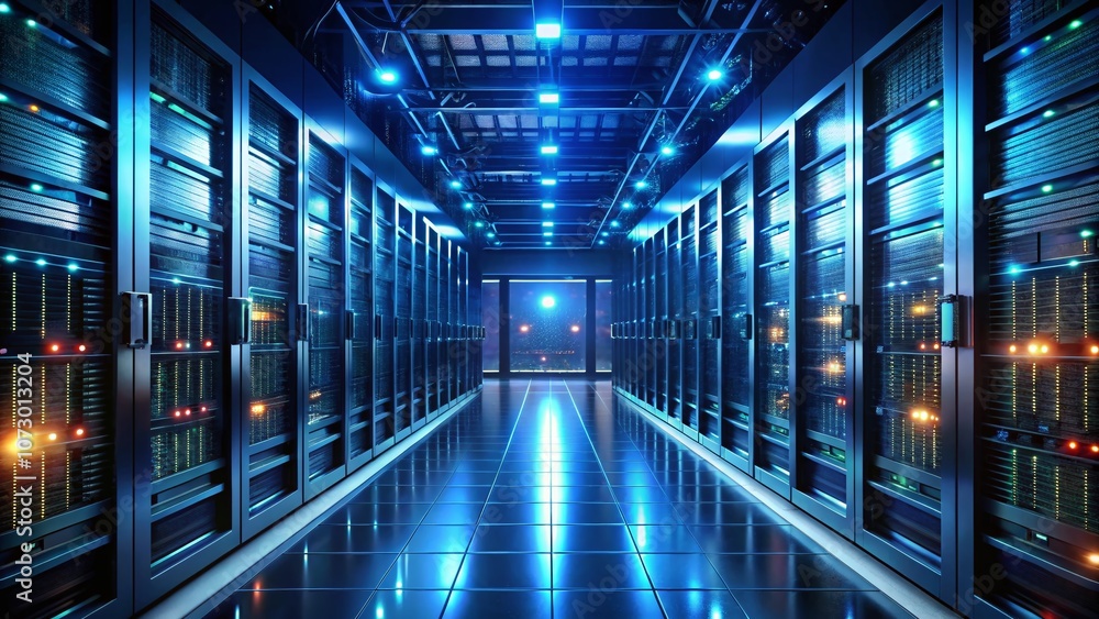 Poster aerial view of a dimly lit data center corridor at night with rows of servers illuminated by soft gl