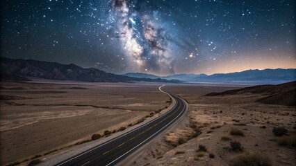 Fototapeta premium Aerial View of a Dark Desert Highway at Night with Starry Sky and Distant Mountains, Perfect for Capturing the Tranquility and Mystery of Remote Landscapes