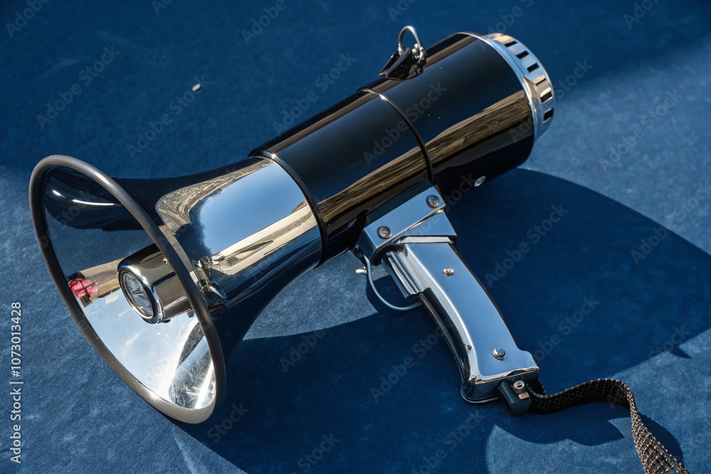 Poster aerial view of a futuristic black and chrome megaphone on a deep blue background showcasing modern d