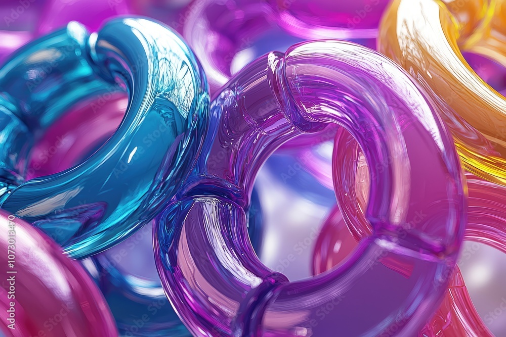 Poster a 3d abstract pattern of interlocking rings in a surreal, dreamlike environment.
