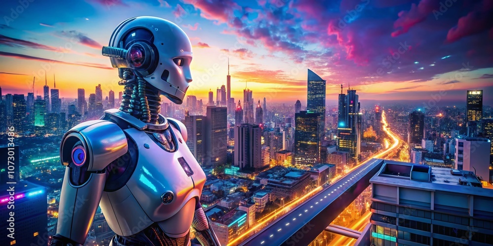 Poster aerial view of a futuristic cyber robot with artificial intelligence in a high-tech urban environmen
