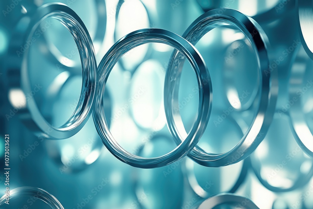 Poster a 3d abstract pattern of interlocking rings in a surreal, dreamlike environment.