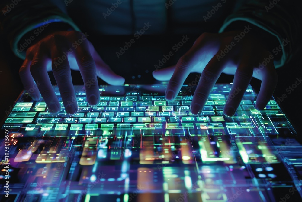 Poster a hands-on keyboard with holographic screens floating above, analyzing data.