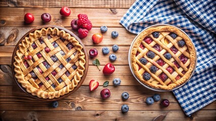 Two fruit pies on a wooden table with scattered berries, a rustic setting for a sweet treat