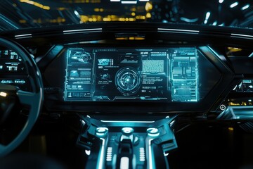 A futuristic dashboard displaying autonomous vehicle data with digital controls.