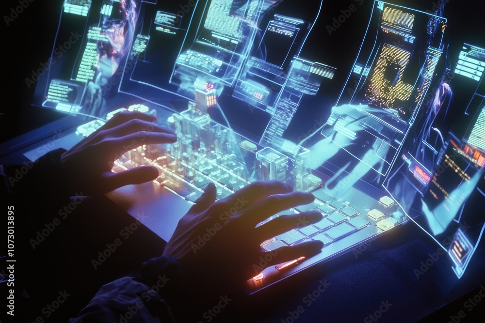 Poster a hands-on keyboard with holographic screens floating above, analyzing data.