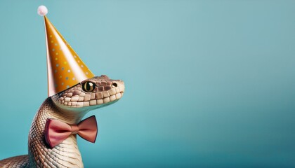 Creative animal concept. snake in party cone hat necklace bowtie outfit isolated on solid pastel background advertisement, copy text space. birthday party invite invitation