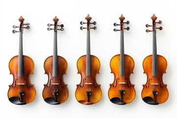 Fototapeta premium Five violins lined up on a white isolated background.