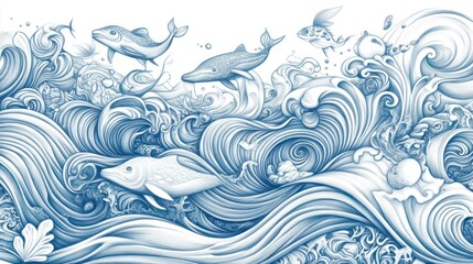 A blue and white illustration of fish and a whale swimming in stylized waves.