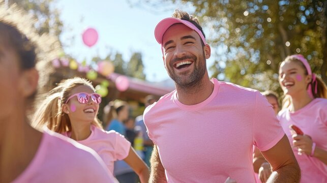 Joyful Group of People Running Together in Pink Attire for Cancer Awareness Event with Smiles and Balloons in a Lively Outdoor Setting