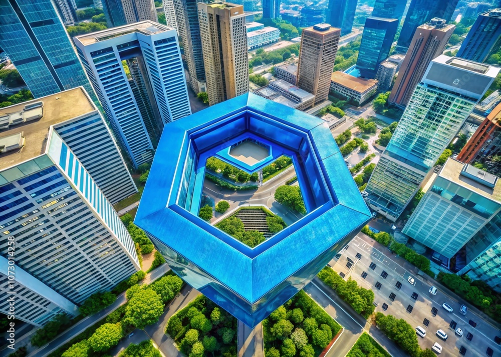 Aufkleber aerial view of a modern blue hexagonal 3d structure symbolizing technology, innovation, and 3d print