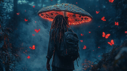 Hippie guy with dreadlocks standing under a mushroom, red and black colors, mysterious forest background, psychedelic illustration style, with fantastic realism aesthetic and dark atmosphere.