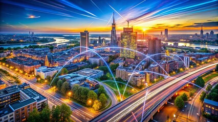 Obraz premium Aerial View of a Modern City with High-Speed Internet Infrastructure, Featuring Fiber Optic Cables and Fast Connectivity Solutions in a Vibrant Urban Landscape