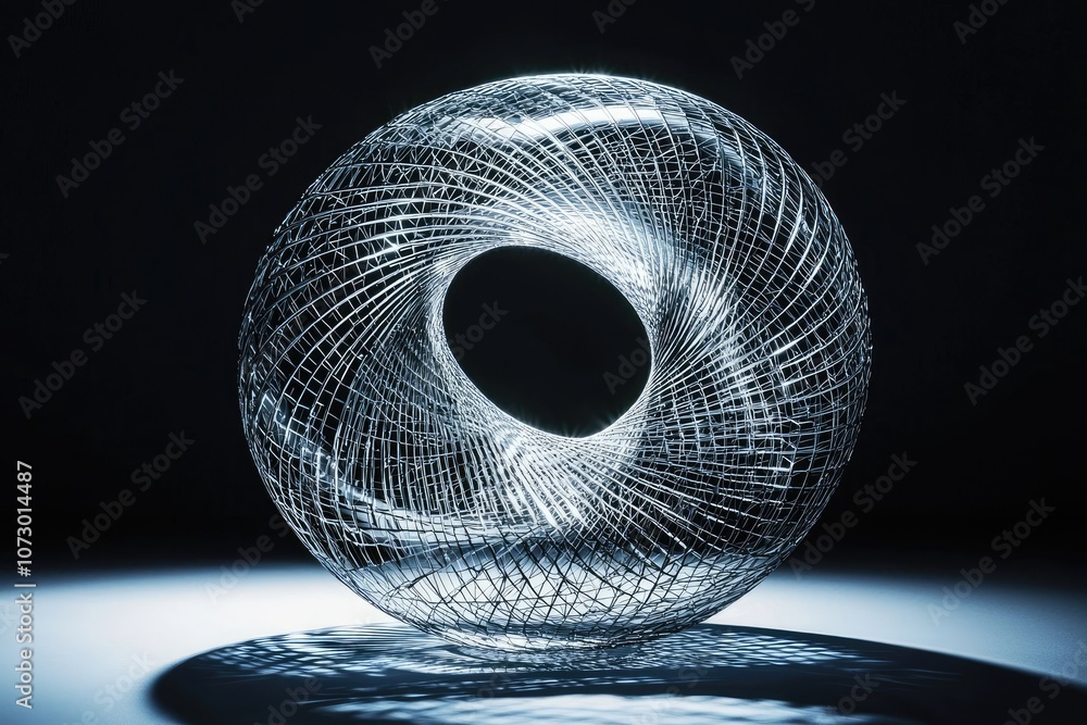 Aufkleber a 3d wireframe geometric object rotating against a black background, casting subtle shadows.